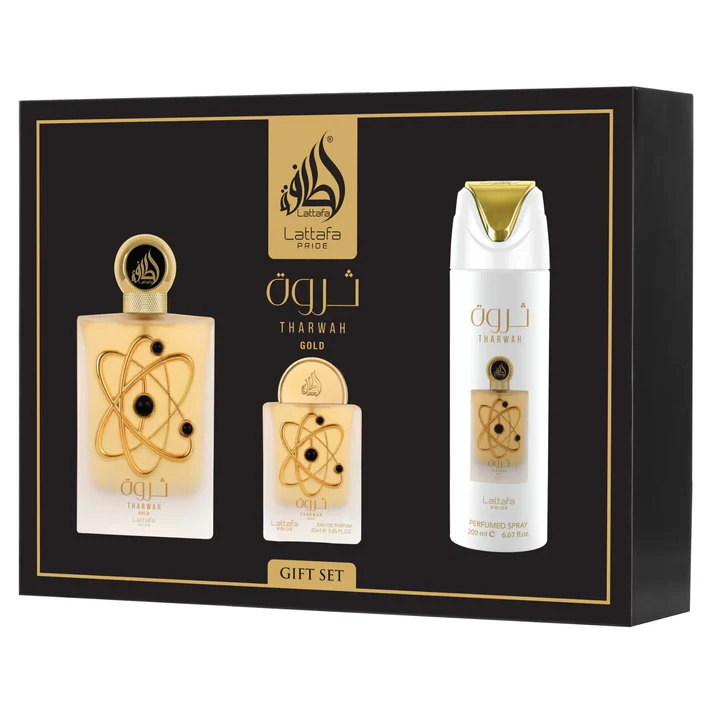 Lattafa Tharwah Gold 3-Piece Perfume Gift Set – 100ml Eau de Parfum, 20ml Travel Spray & 200ml Perfumed Spray