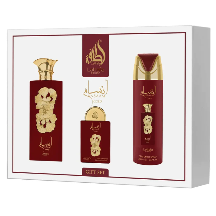 Lattafa Ansaam Gold 3-Piece Perfume Gift Set – 100ml Eau de Parfum, 20ml Travel Spray & 200ml Perfumed Spray