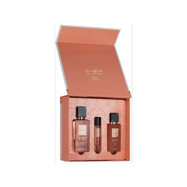 Lattafa Ana Abiyedh Coral 3-Piece Perfume Gift Set – 60ml EDP, 12ml Travel Spray & 50ml Hair Mist