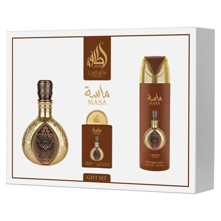 Lattafa Masa 3-Piece Perfume Gift Set – 100ml Eau de Parfum, 20ml Eau de Parfum Spray & 200ml Perfumed Spray
