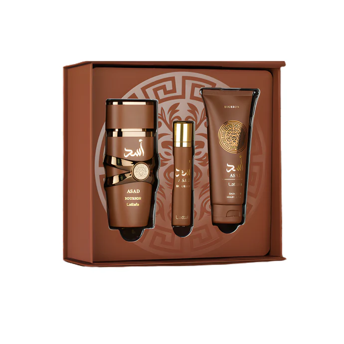 Lattafa Asad Bourbon 3-Piece Perfume Gift Set – Eau de Parfum, Travel Spray & Hair Mist